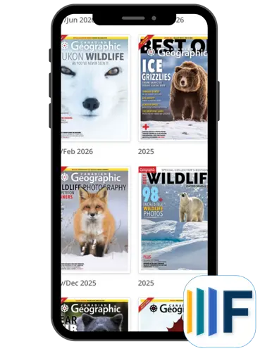 Mobile screen display of Canadian Geographic magazine covers and a Flipster app icon in the bottom right corner